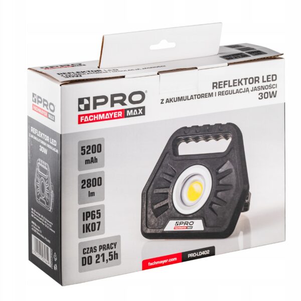 image-3108.jpeg REFLEKTOR LED 30W Z AKUMULATOREM LI-ION I REGULACJĄ JASNOŚCI IP65 TPR